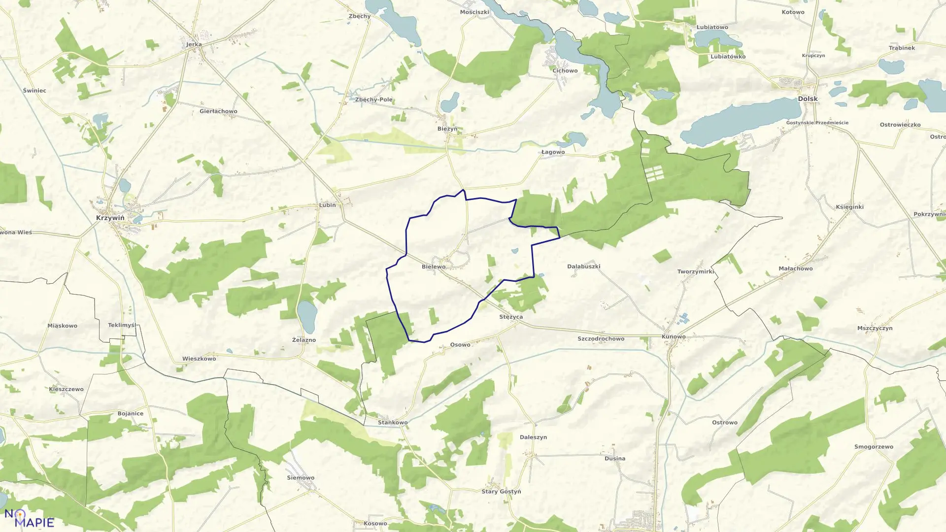 Mapa obrębu BIELEWO w gminie Krzywiń
