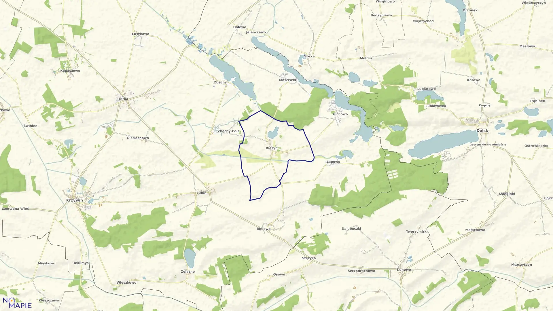 Mapa obrębu BIEŻYŃ w gminie Krzywiń